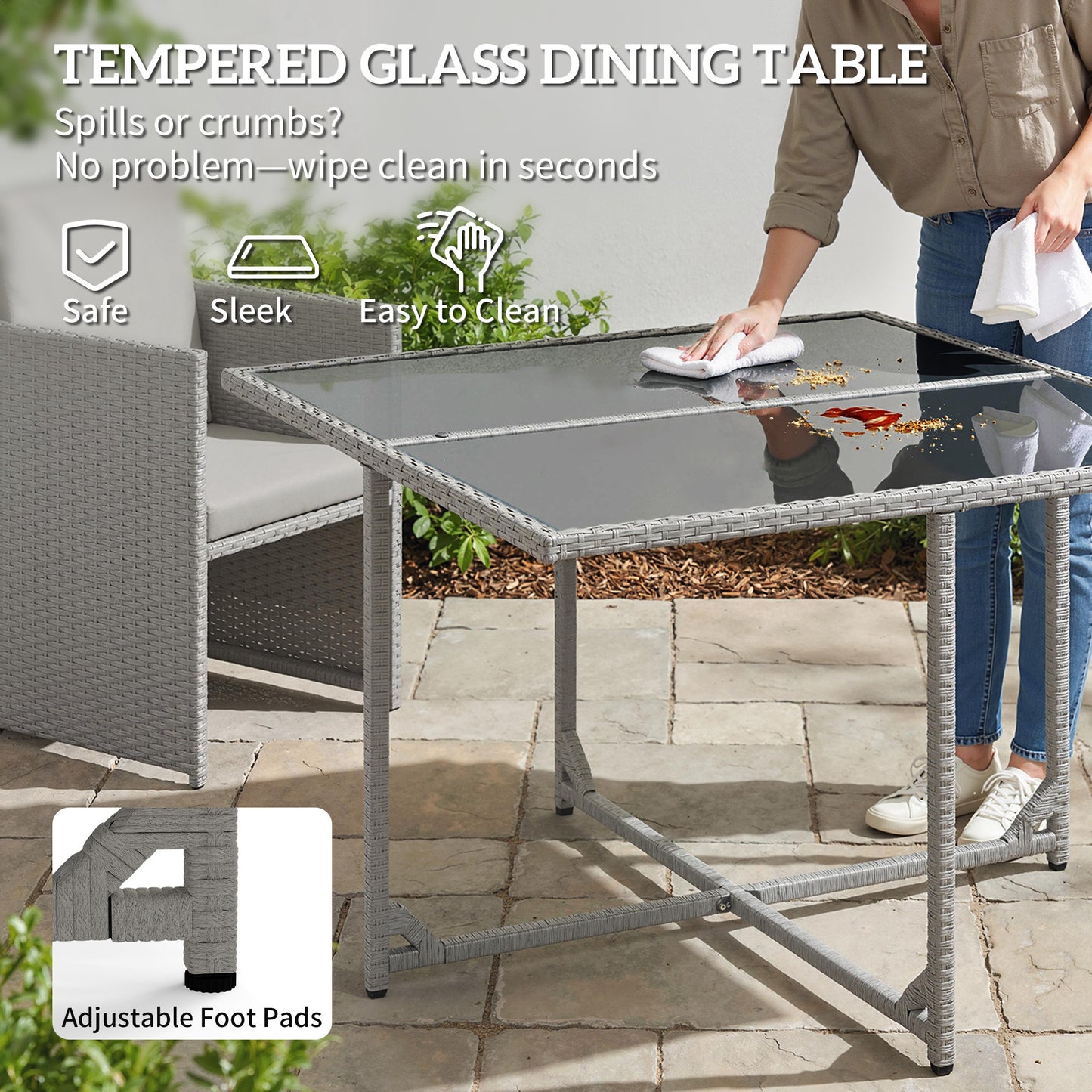 Outsunny 9 Piece Rattan Cube Garden Furniture Dining Set with Armchairs, Footstools and Glass-Top Table, Light Grey