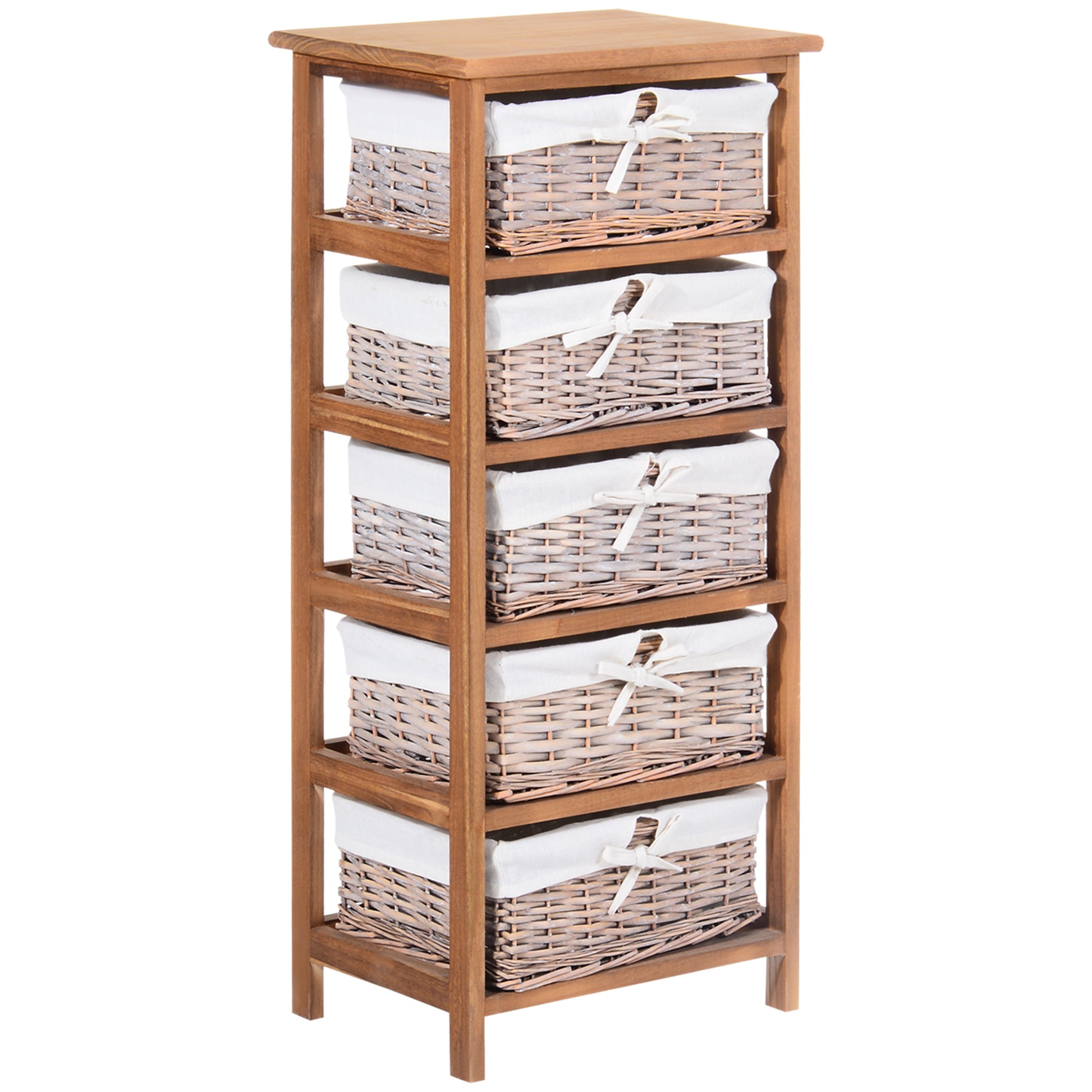 Photo of HOMCOM 5 Drawer Dresser Wicker Basket Storage Shelf Unit Wooden Frame Home Organisation Cabinet Bedroom Office Furniture Natural Finish in Finish colour on a white background