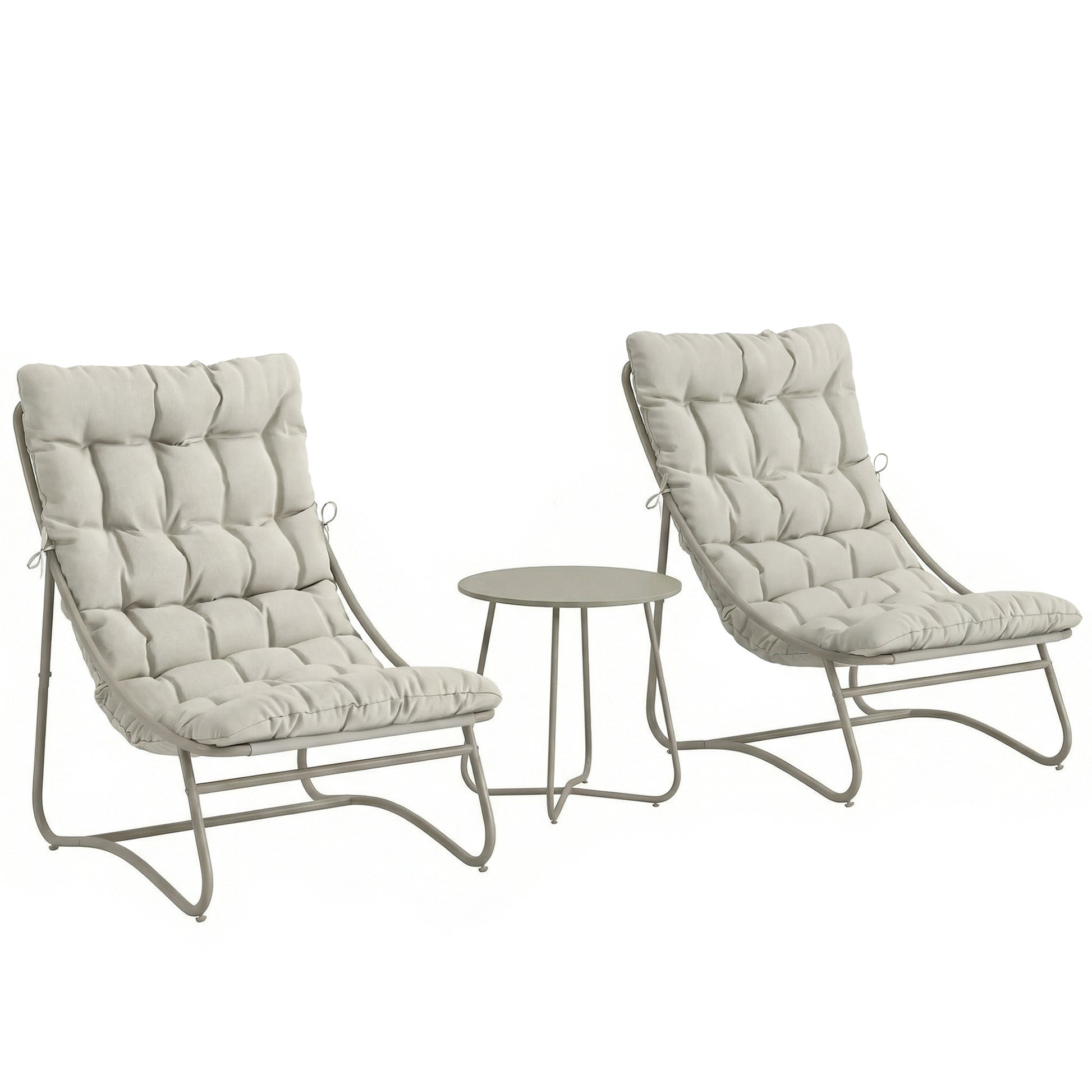 Photo of Outsunny 3 Piece Garden Bistro Set, Round Outdoor Bistro Table and Chairs Set for 2 with Texteline Seat and Cushions, Light Grey in Grey colour on a white background