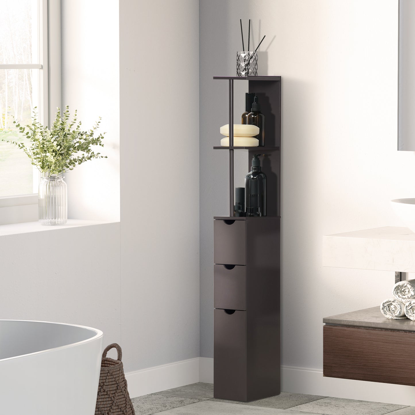 HOMCOM Tall Bathroom Cabinet, Freestanding Slim Bathroom Storage Cabinet with 2-Tier Open Shelf and 2 Drawers for Small Space, Narrow Cupboard Storage Unit, Brown
