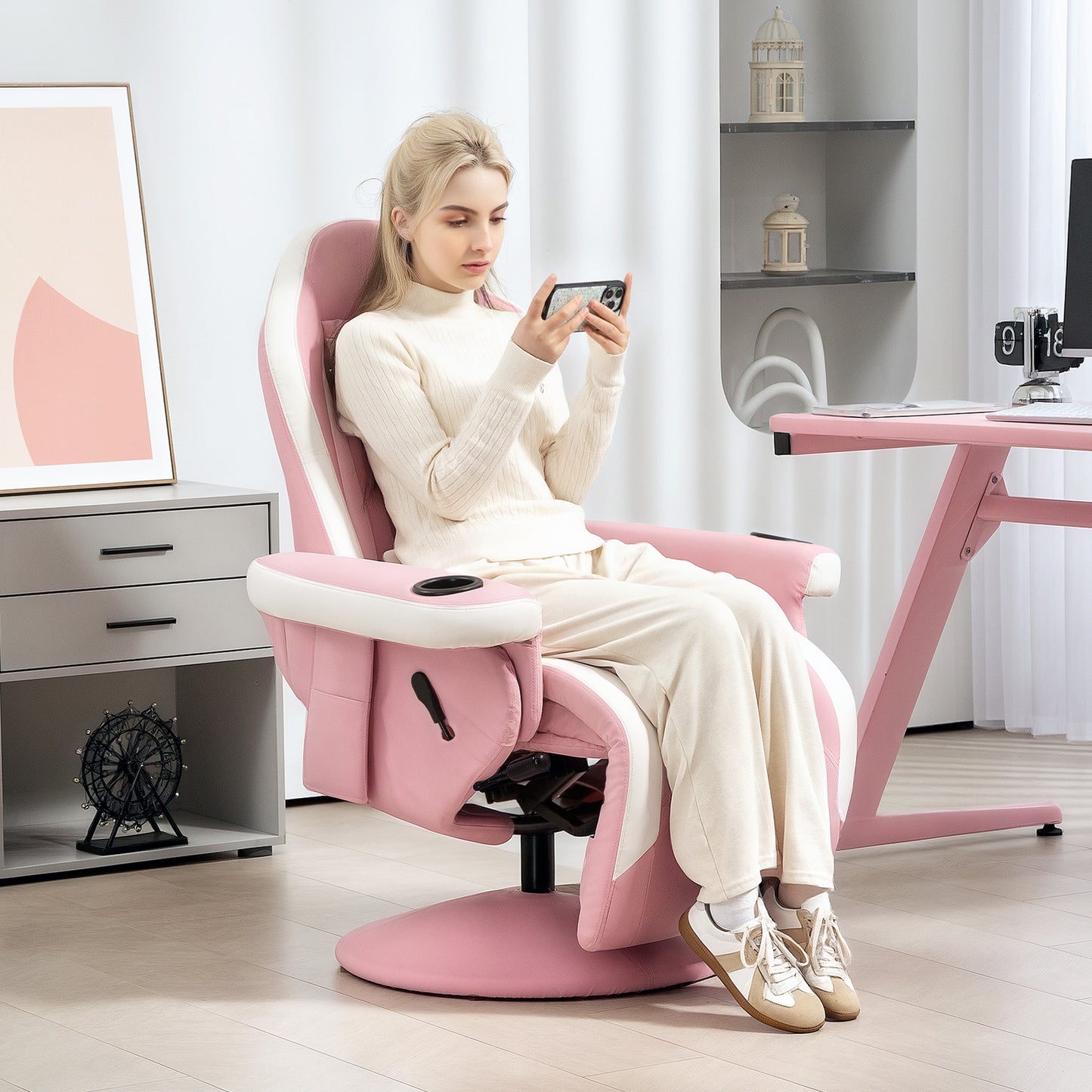 HOMCOM Manual Recliner Armchair PU Leather Lounge Chair w Adjustable Leg Rest, 135° Reclining Function, 360° Swivel, Pink