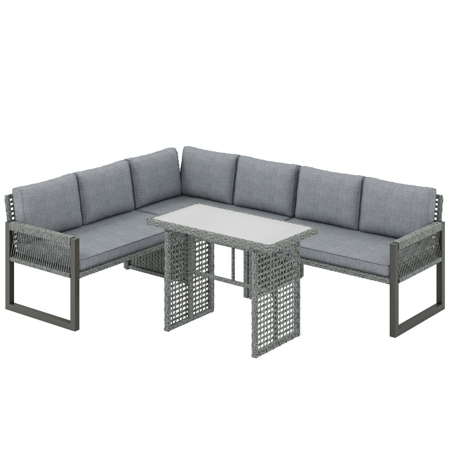 Photo of Outsunny 6 Seater Rattan Garden Furniture Set with 3 Loveseats, Table, Patio Rattan Corner Sofa Set, Grey in Grey colour on a white background