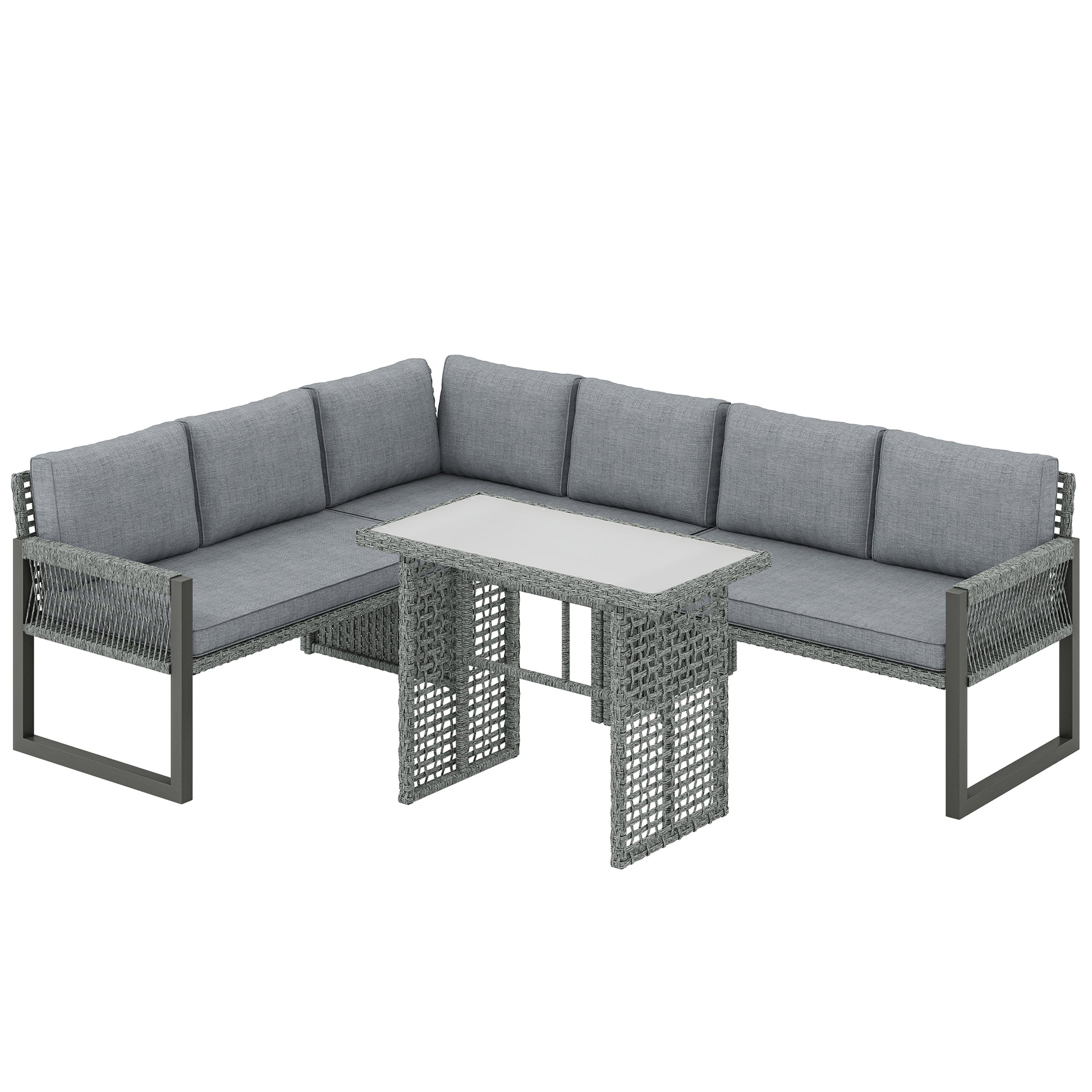 Photo of Outsunny 6 Seater Rattan Garden Furniture Set with 3 Loveseats, Table, Patio Rattan Corner Sofa Set, Grey in Grey colour on a white background