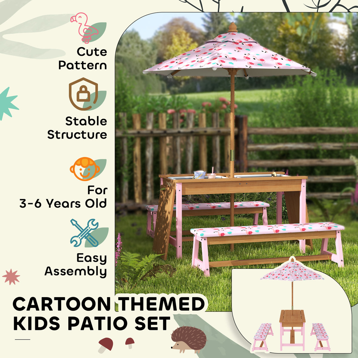 AIYAPLAY kids patio table set with pink flamingo-print umbrella and two benches