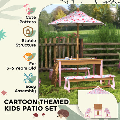 AIYAPLAY kids patio table set with pink flamingo-print umbrella and two benches