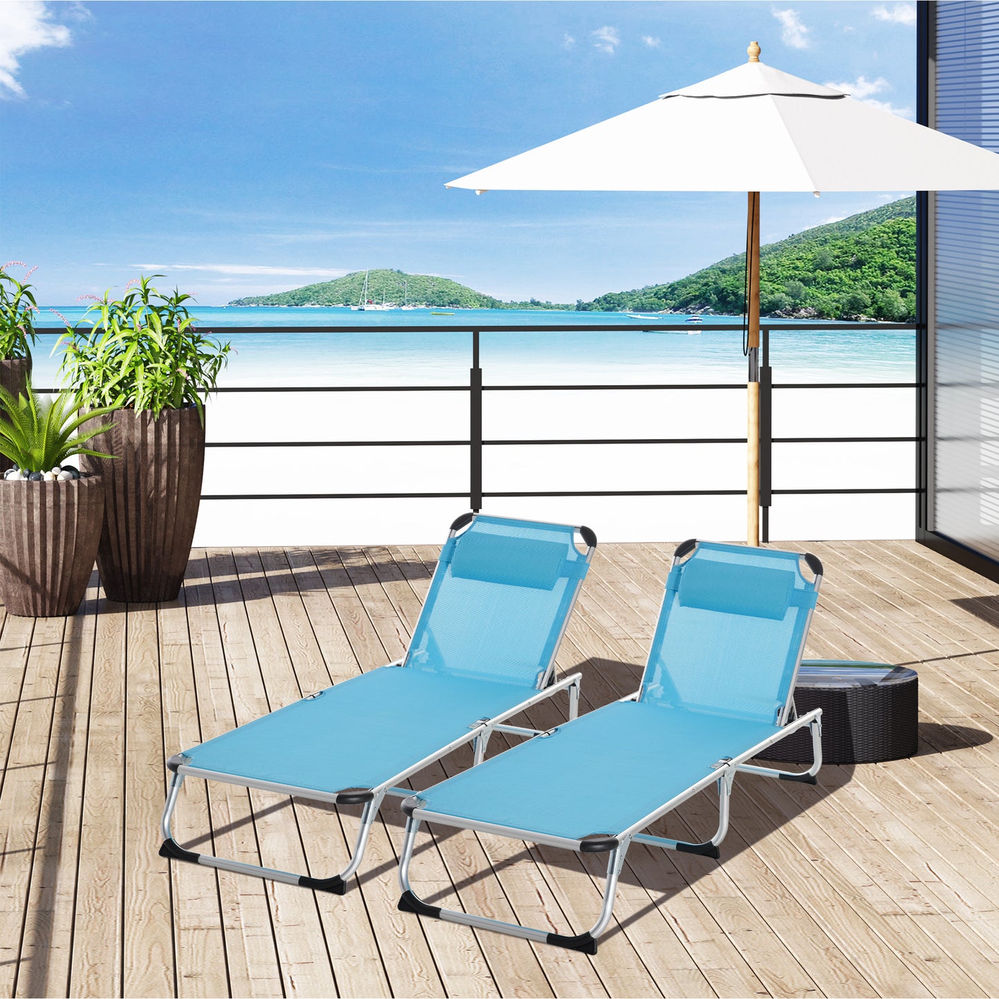 Outsunny Foldable Outdoor Sun Loungers Set of 2, Reclining Lounge Chair Camping Bed Cot with Pillow 4-Level Adjustable Back Aluminium Frame, Blue