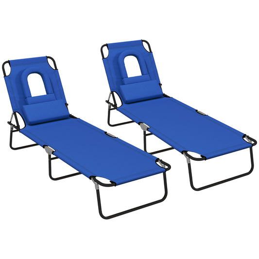 Photo of Outsunny Folding Sun Loungers Set of 2 with Face Hole, 4-Position Adjustable Backrest Garden Recliner Chair Sunbed, Outdoor Lounge Chair with 500 D Oxford Cloth Seat, Pillow for Beach, Blue in Blue colour on a white background