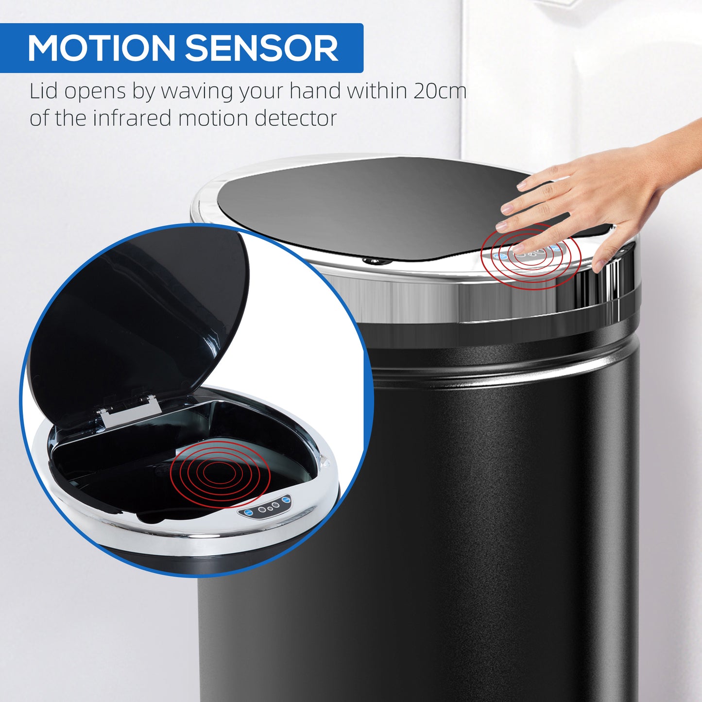 HOMCOM 42L Sensor Bin with Quiet Soft-Close Lid, Automatic Touchless Motion Sensor Rubbish Bin with Fingerprint Resistant, Stainless Steel for Hygienic Kitchen, Home Office Use, Black