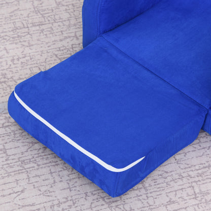 Close-up of the blue sofa bed's padded fold-out section with white trim.
