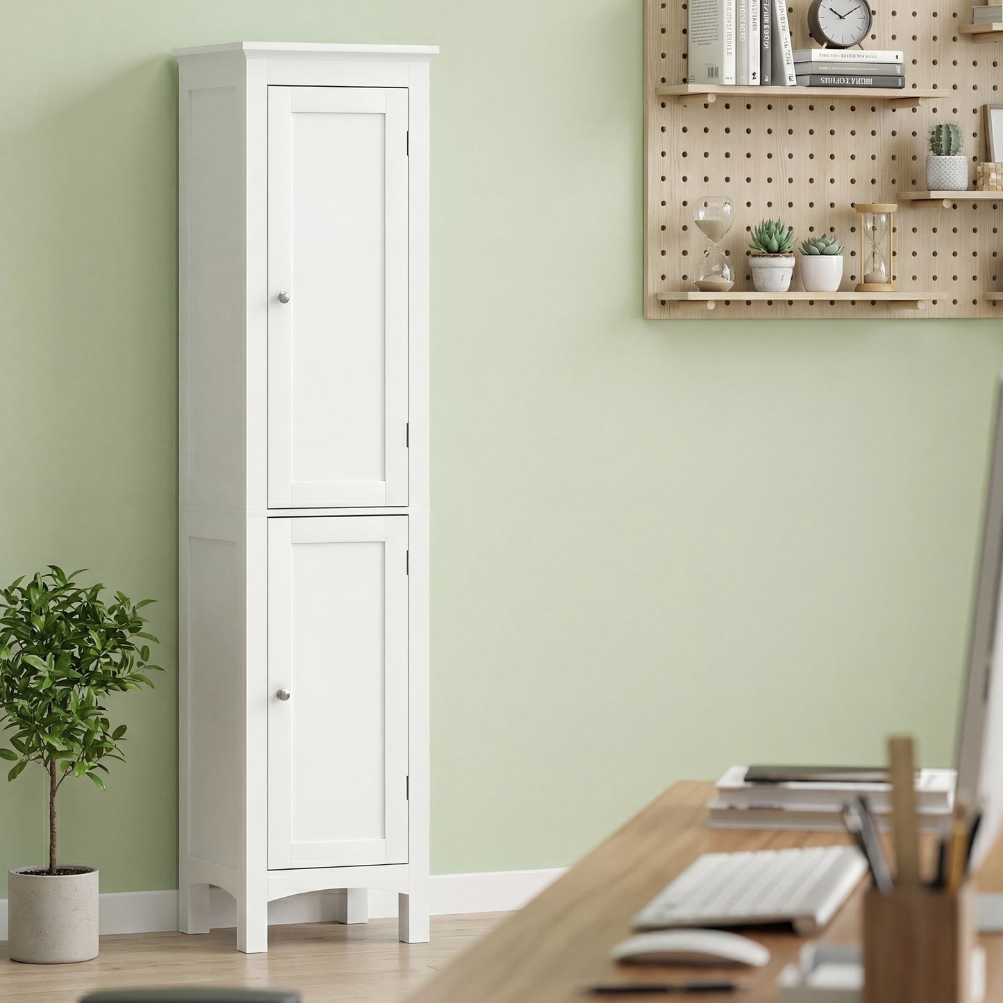 kleankin Tall Bathroom Storage Unit, Slim Bathroom Cabinet with Adjustable Shelves and Double Door, White