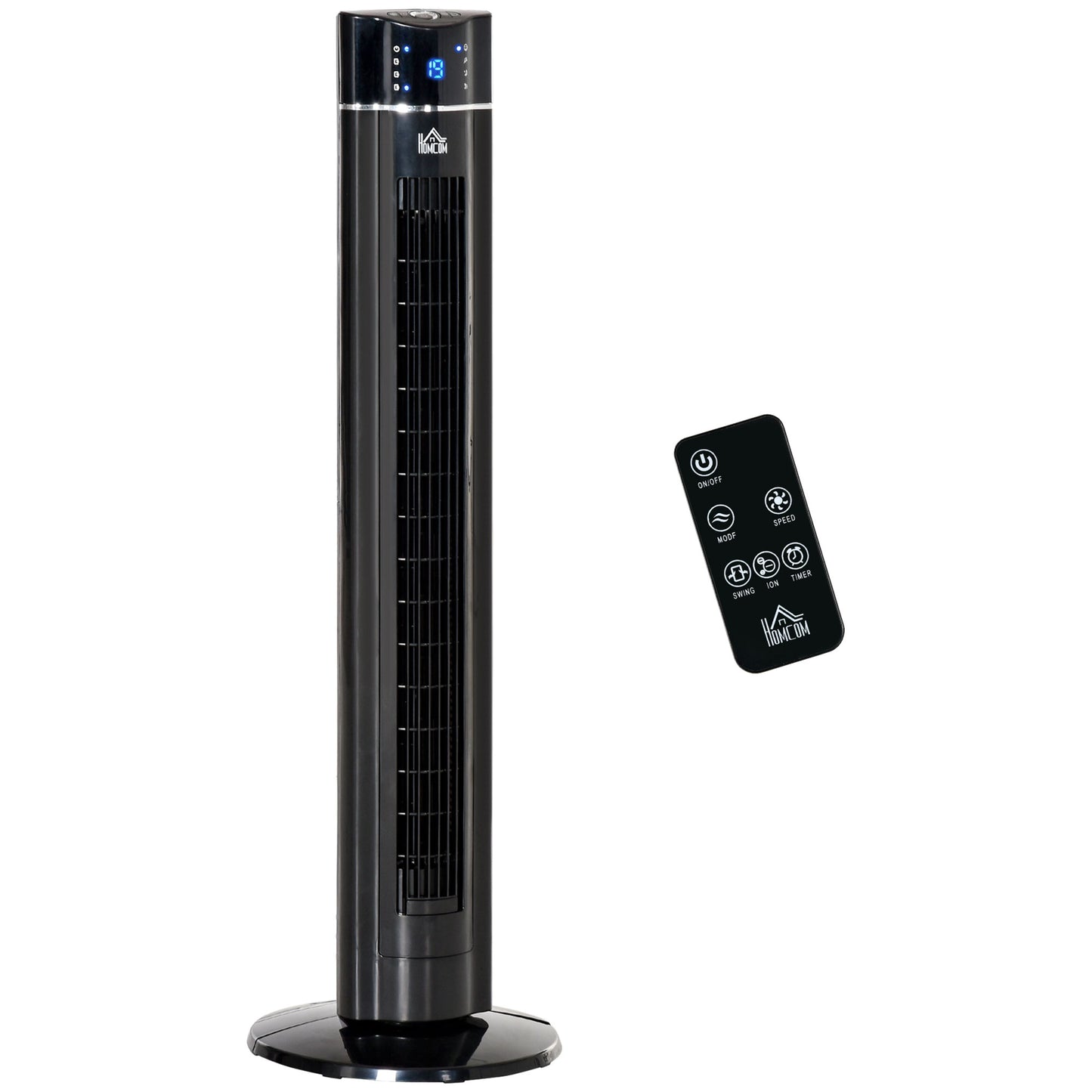 Photo of HOMCOM Anion Tower Fan for Bedroom, 42 inch, 6 m/s Powerful Velocity, Standing Floor Fan with 60° Oscillating, 3 Modes, 3 Speeds, 8 Hour Timer, LED Display, Remote Control, Black in Black colour on a white background