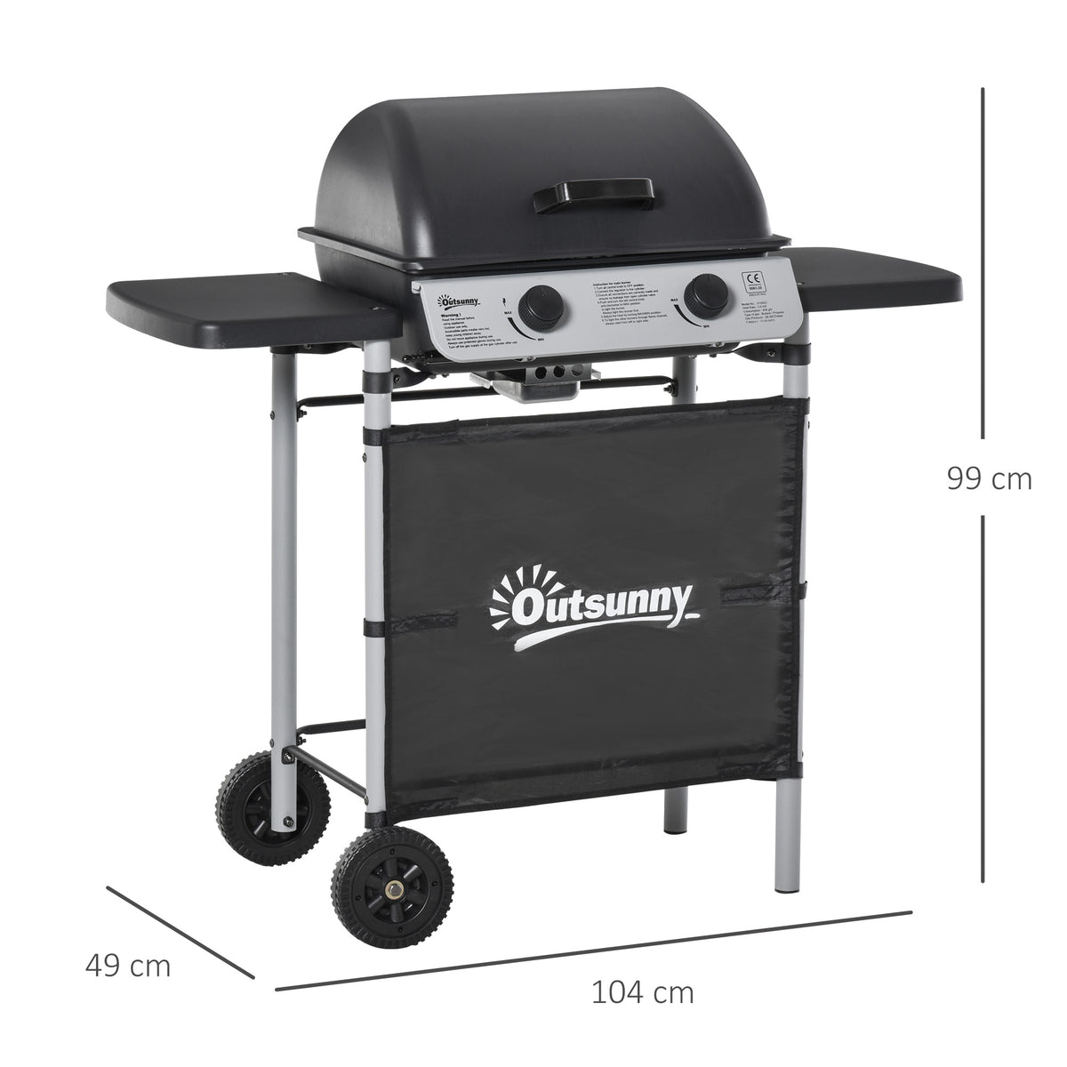 Outsunny gas BBQ trolley with closed lid, side shelves and wheels; 104 cm wide, 99 cm tall