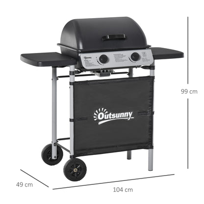 Outsunny gas BBQ trolley with closed lid, side shelves and wheels; 104 cm wide, 99 cm tall