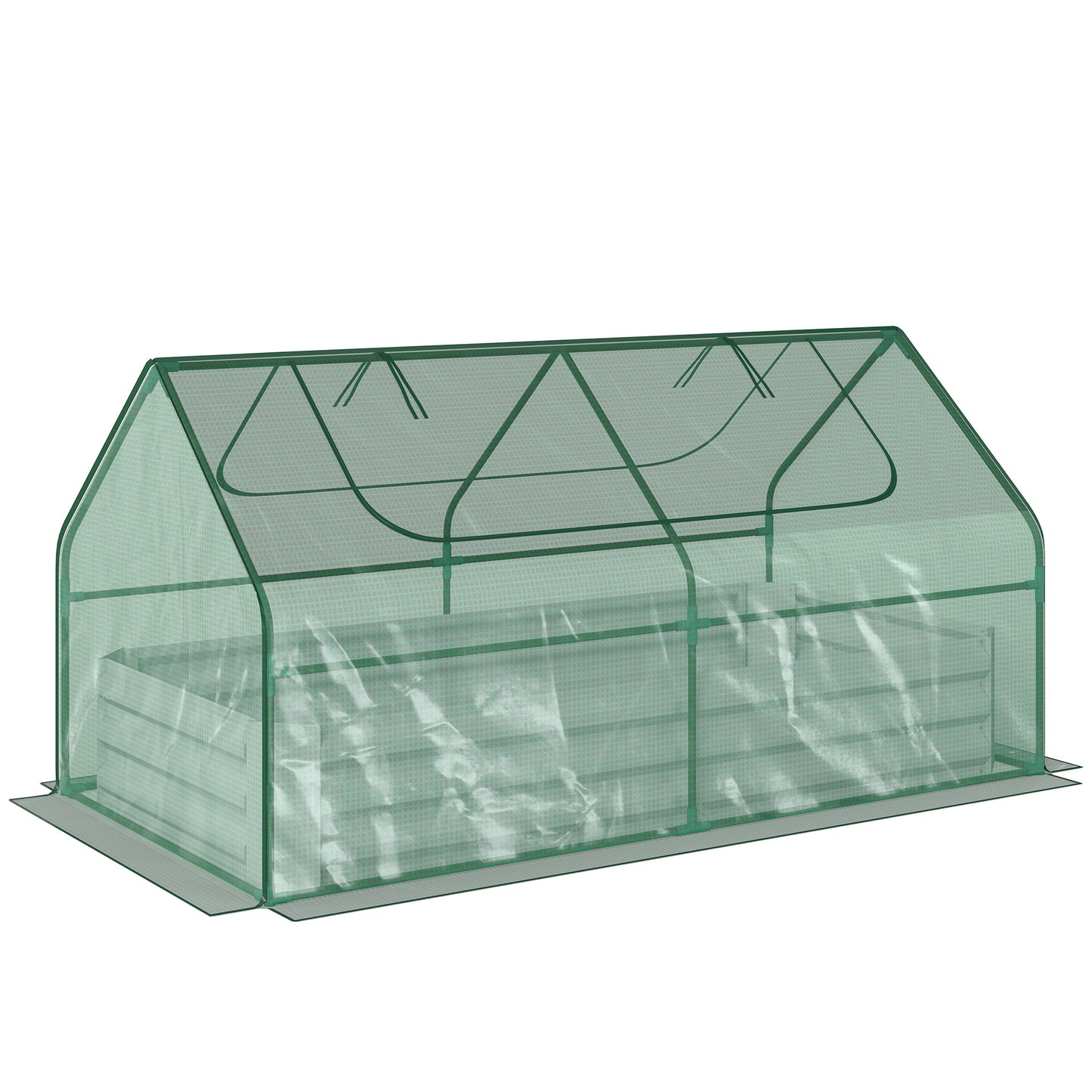 Photo of Outsunny Raised Garden Bed with Greenhouse, Steel Planter Box with Plastic Cover, Roll Up Window, Dual Use for Flowers, Vegetables, Fruits and Herbs, 185L x 95W x 92H cm, Green in Green colour on a white background