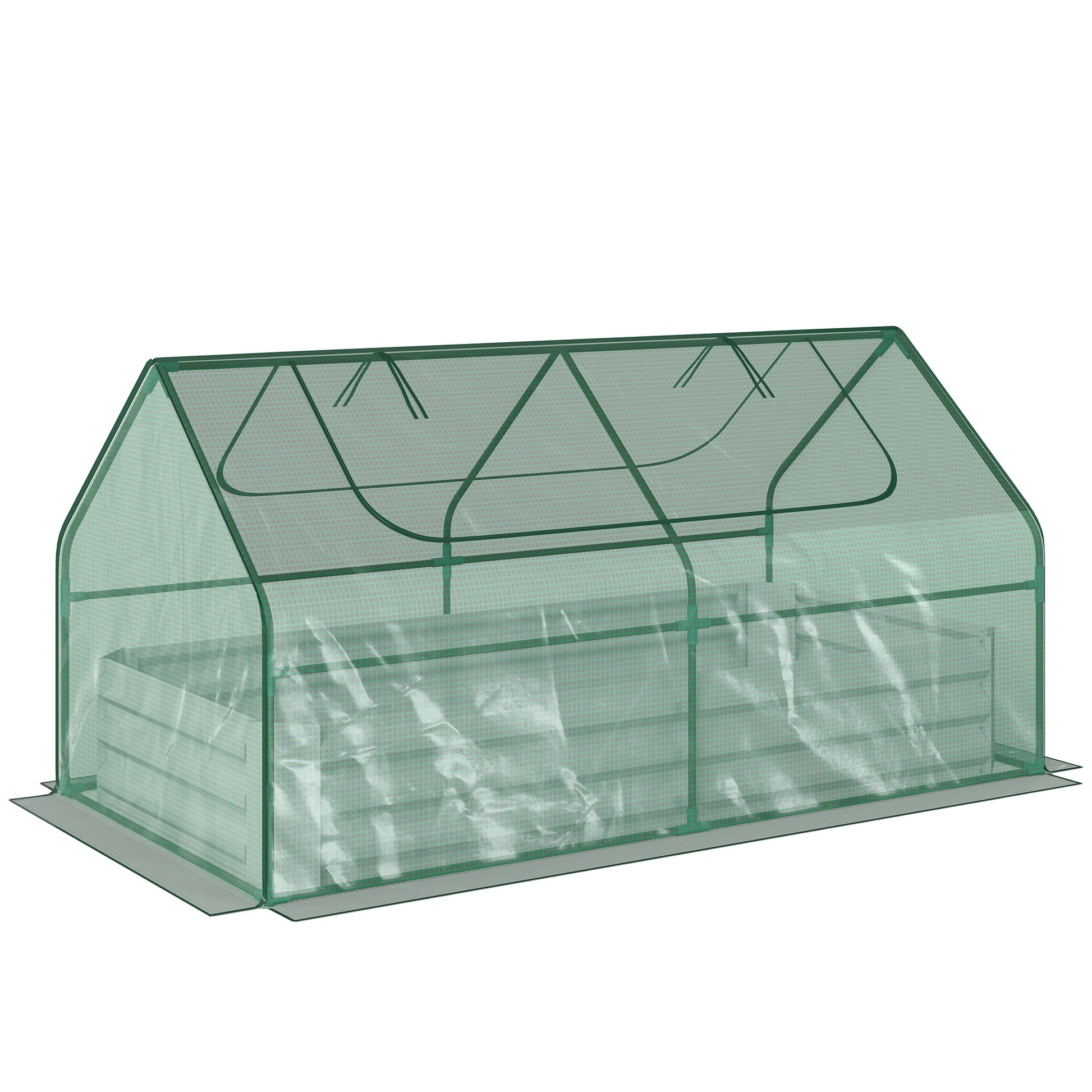 Photo of Outsunny Raised Garden Bed with Greenhouse, Steel Planter Box with Plastic Cover, Roll Up Window, Dual Use for Flowers, Vegetables, Fruits and Herbs, 185L x 95W x 92H cm, Green in Green colour on a white background