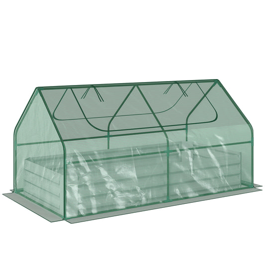 Photo of Outsunny Raised Garden Bed with Greenhouse, Steel Planter Box with Plastic Cover, Roll Up Window, Dual Use for Flowers, Vegetables, Fruits and Herbs, 185L x 95W x 92H cm, Green in Green colour on a white background