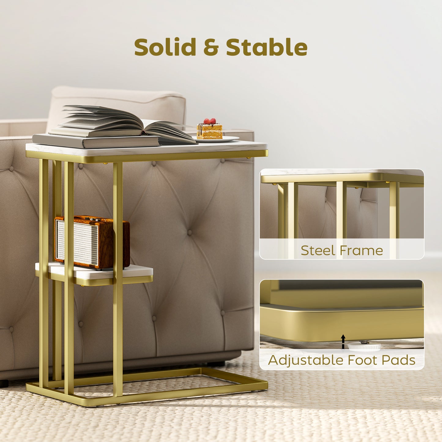 HOMCOM C-Shaped Narrow Side Table, 2-Tier Slim End Table, Nightstand for Small Spaces, Living Room, Bedroom, White Marble Grain