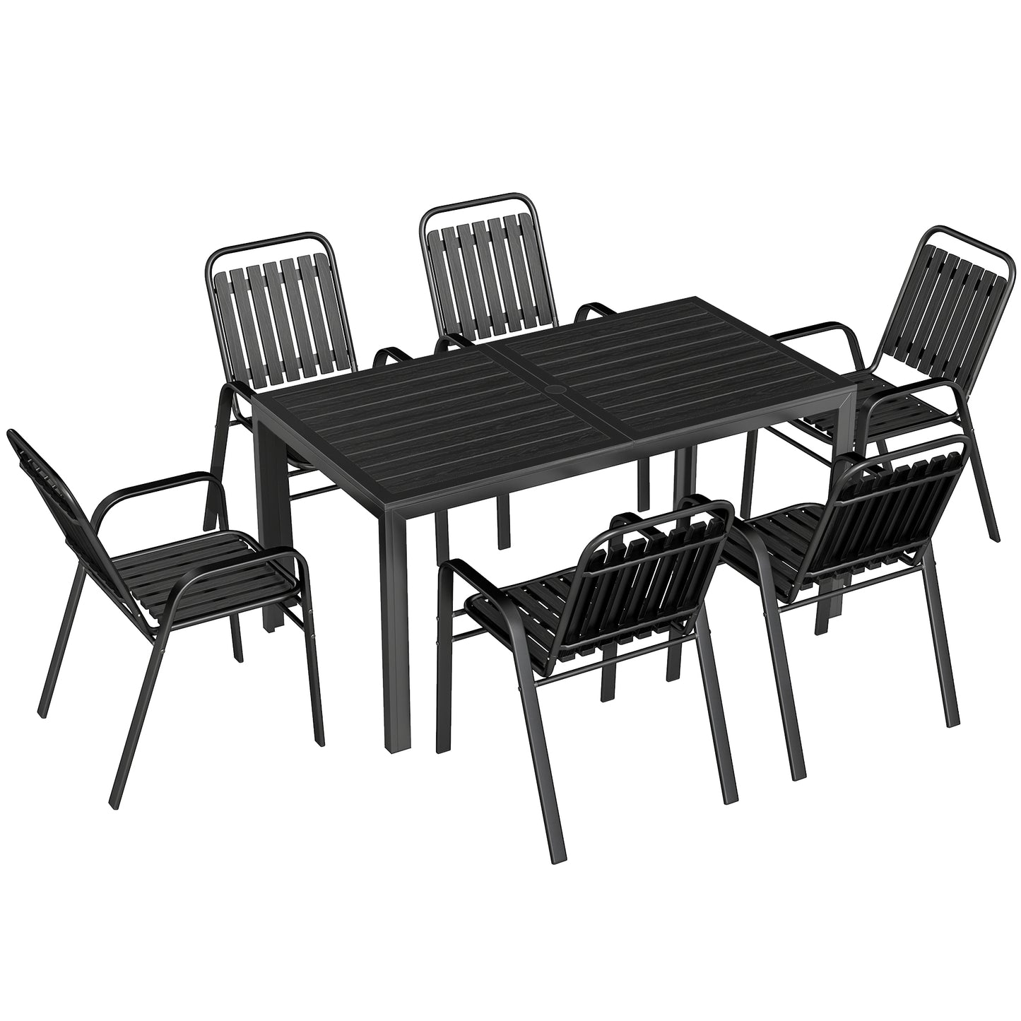 Photo of Outsunny 7 Pieces Outdoor Dining Set with Umbrella Hole, Garden Table and Chairs Set for 6 with Metal Table and Stackable Chairs in Chairs colour on a white background