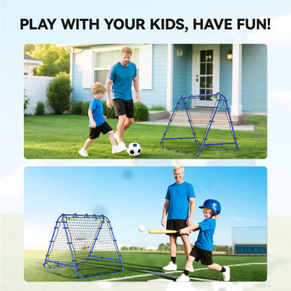 Blue double-sided football rebounder shown during soccer and ball practice