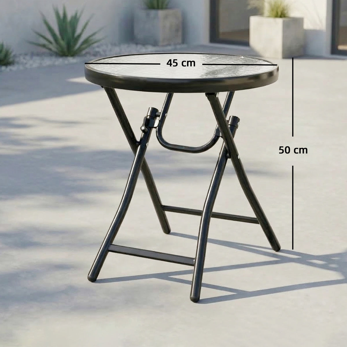 Outsunny Foldable Garden Side Table, Round Folding Table with Glass Tabletop and Safety Buckle for Patio, Garden, Outdoor, Indoor, Black