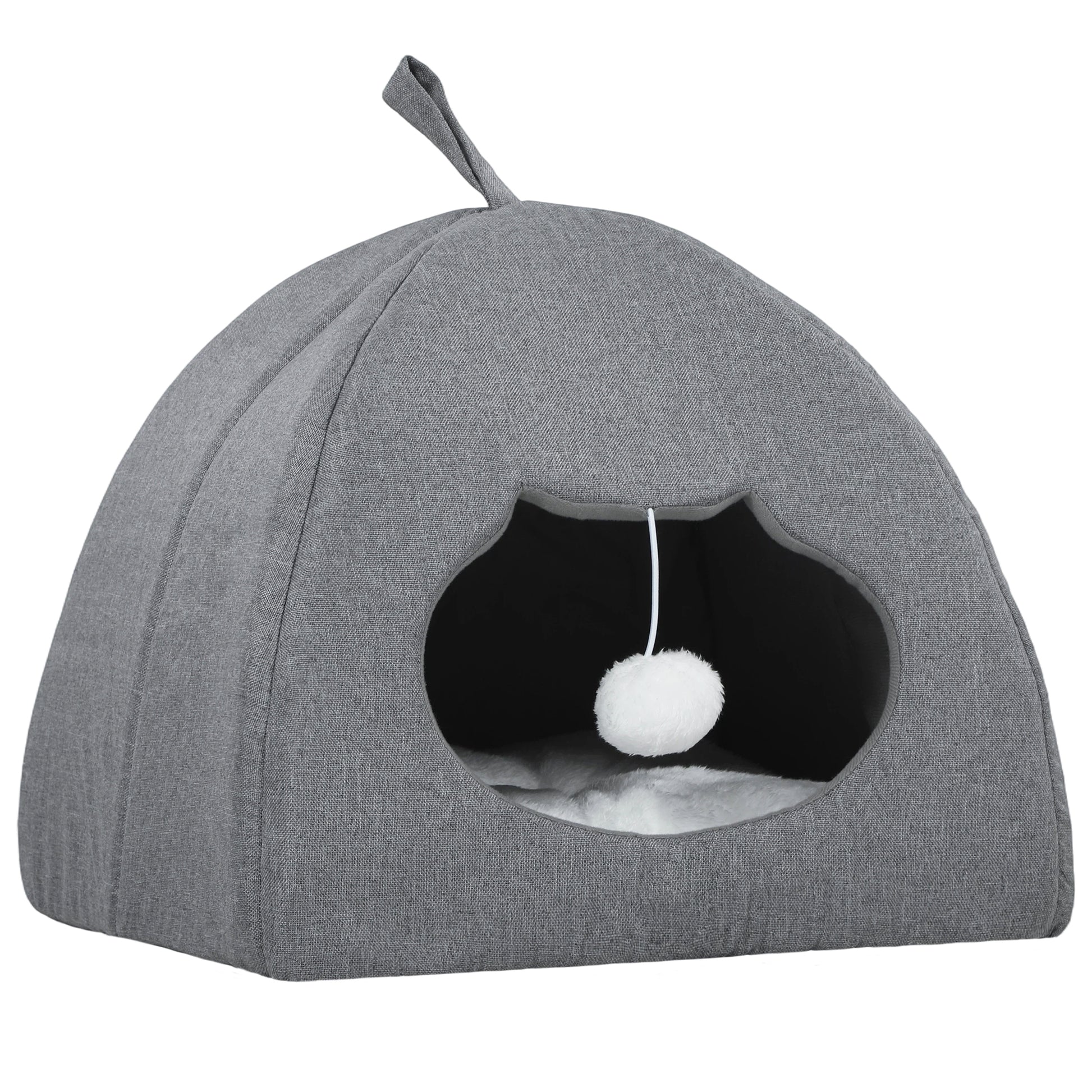 Photo of PawHut Cat Cave Bed for Indoor Kittens, Cat House with Removable Cushion and Teaser Ball, Kitty Igloo with Anti-Slip Base, 42 x 42 x 39 cm, Grey in Grey colour on a white background