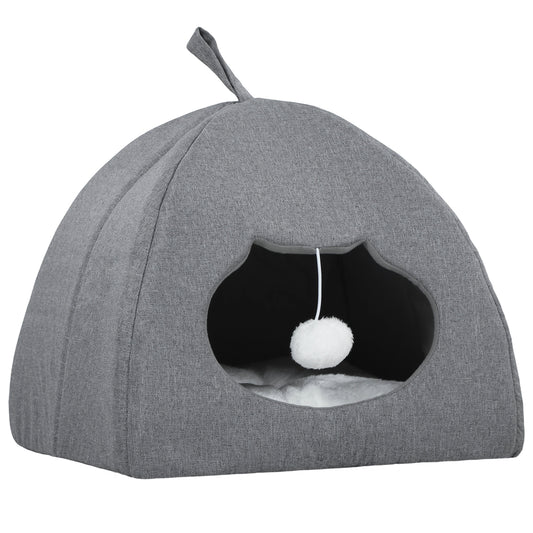Photo of PawHut Cat Cave Bed for Indoor Kittens, Cat House with Removable Cushion and Teaser Ball, Kitty Igloo with Anti-Slip Base, 42 x 42 x 39 cm, Grey in Grey colour on a white background