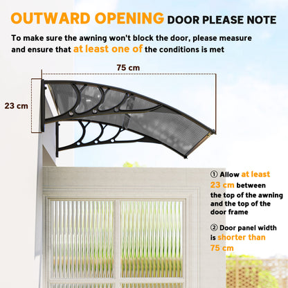 Outsunny black door canopy shown in side profile with 75 cm projection and 23 cm height