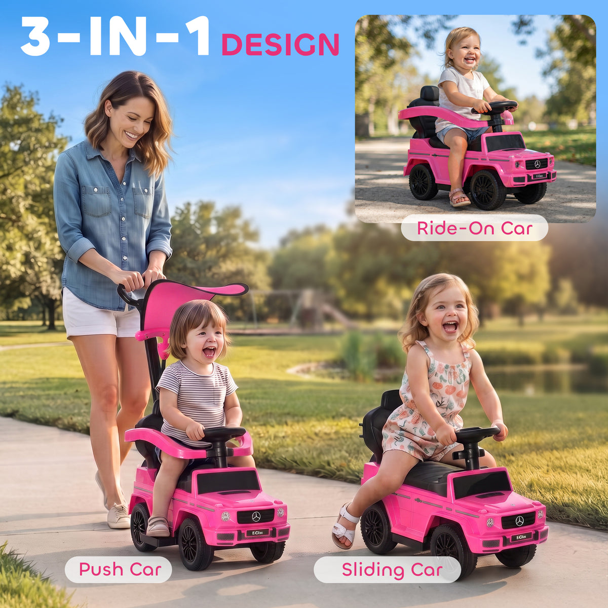 Pink ride-on car shown in push, sliding and independent ride-on modes