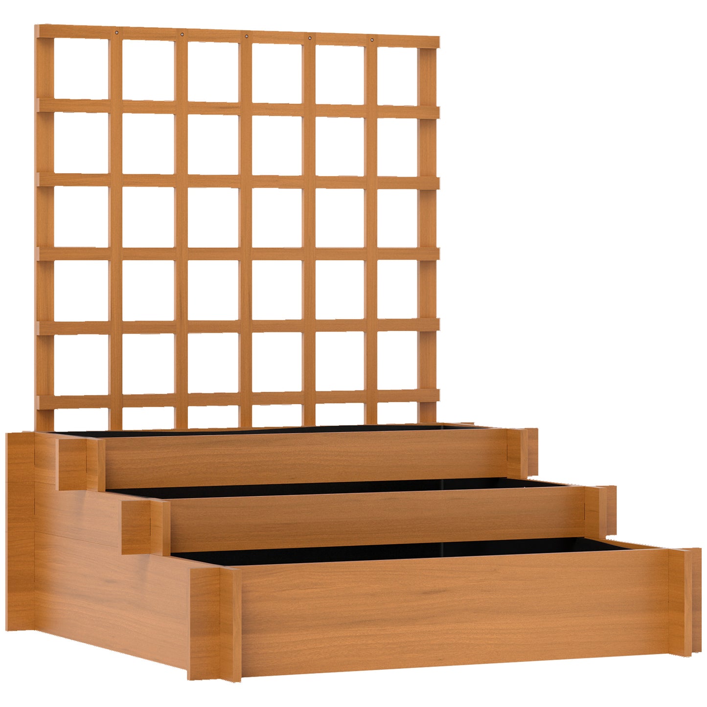 Photo of Outsunny 3 Tier Garden Planters with Trellis for Vine Climbing, Wooden Raised Beds, 95x95x110cm, Brown in Brown colour on a white background