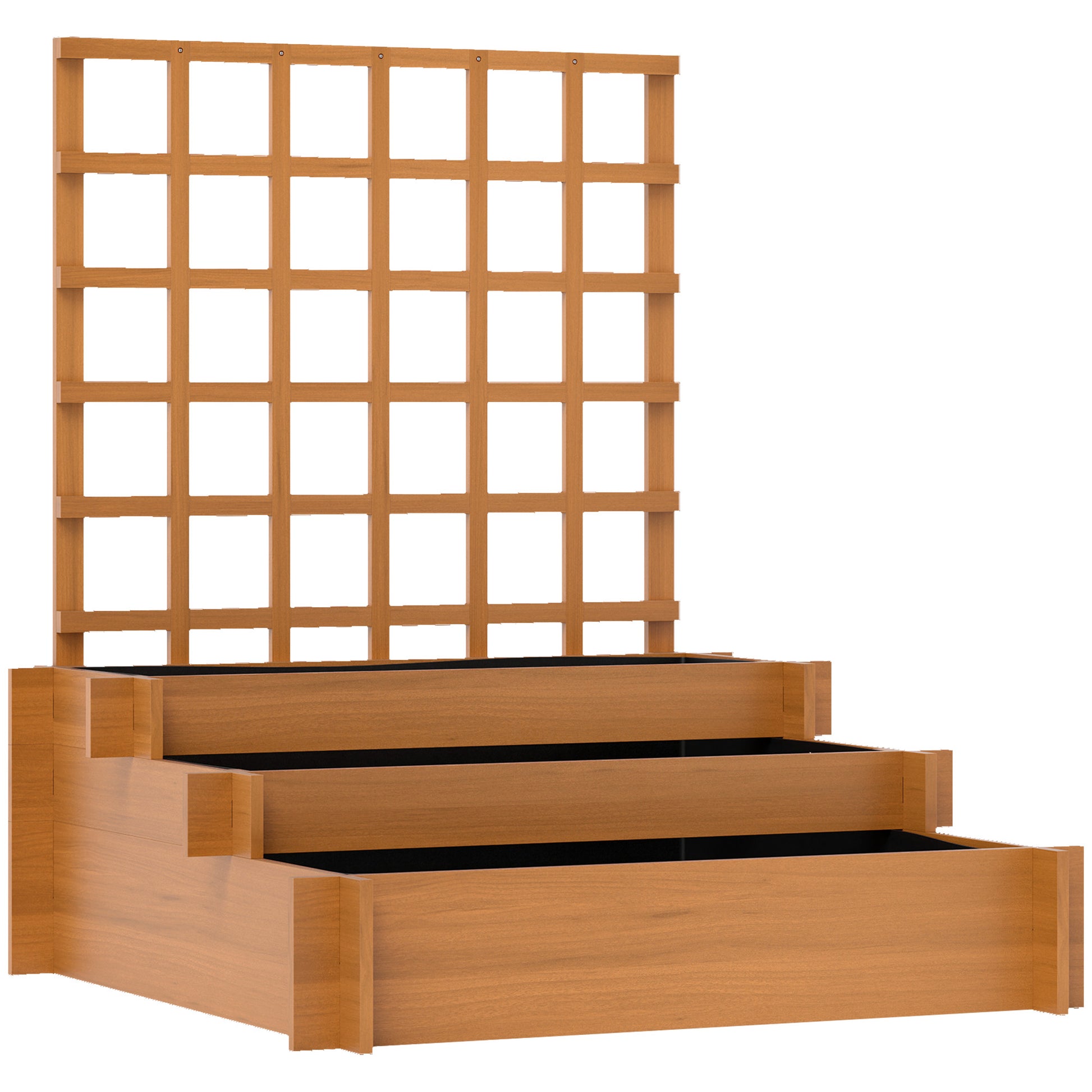 Photo of Outsunny 3 Tier Garden Planters with Trellis for Vine Climbing, Wooden Raised Beds, 95x95x110cm, Brown in Brown colour on a white background