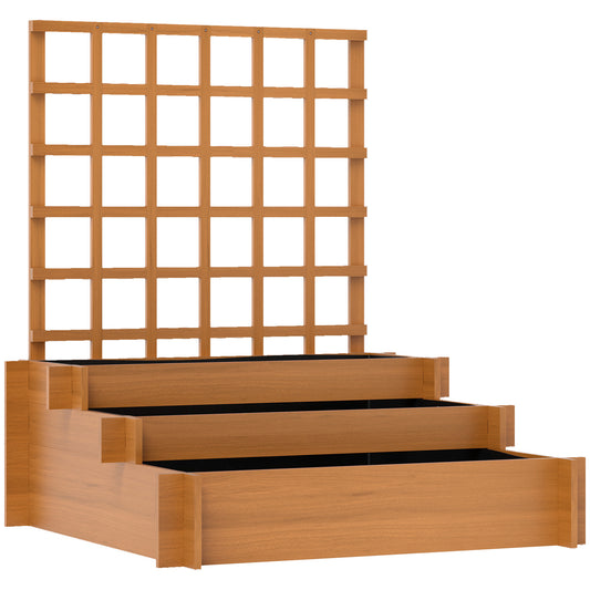 Photo of Outsunny 3 Tier Garden Planters with Trellis for Vine Climbing, Wooden Raised Beds, 95x95x110cm, Brown in Brown colour on a white background