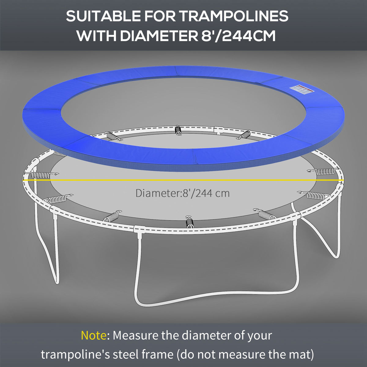 Blue HOMCOM trampoline safety pad shown above an 8-foot trampoline frame.