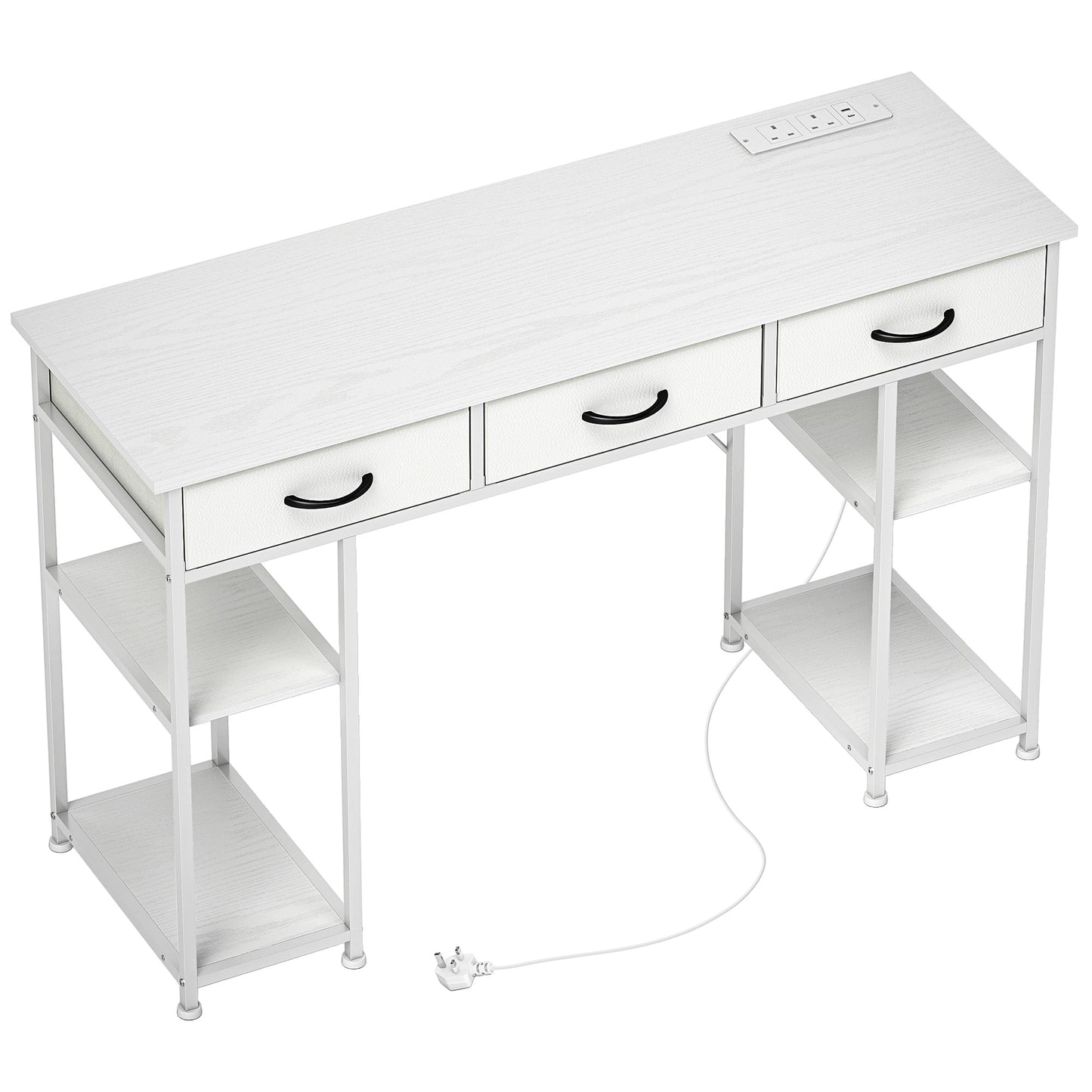 Photo of HOMCOM 120cm Computer Desk with Power Outlets, Office Desk Study Table with 3 Fabric Drawers and 4 Storage Shelves, White in White colour on a white background