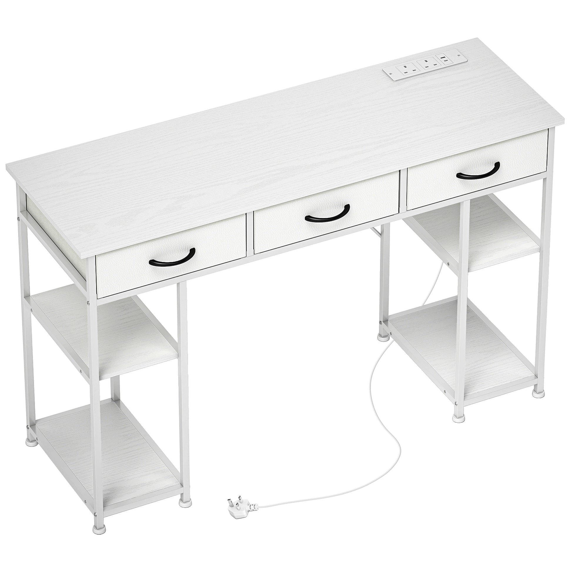 Photo of HOMCOM 120cm Computer Desk with Power Outlets, Office Desk Study Table with 3 Fabric Drawers and 4 Storage Shelves, White in White colour on a white background