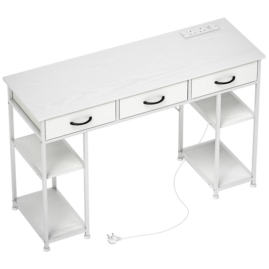 Photo of HOMCOM 120cm Computer Desk with Power Outlets, Office Desk Study Table with 3 Fabric Drawers and 4 Storage Shelves, White in White colour on a white background