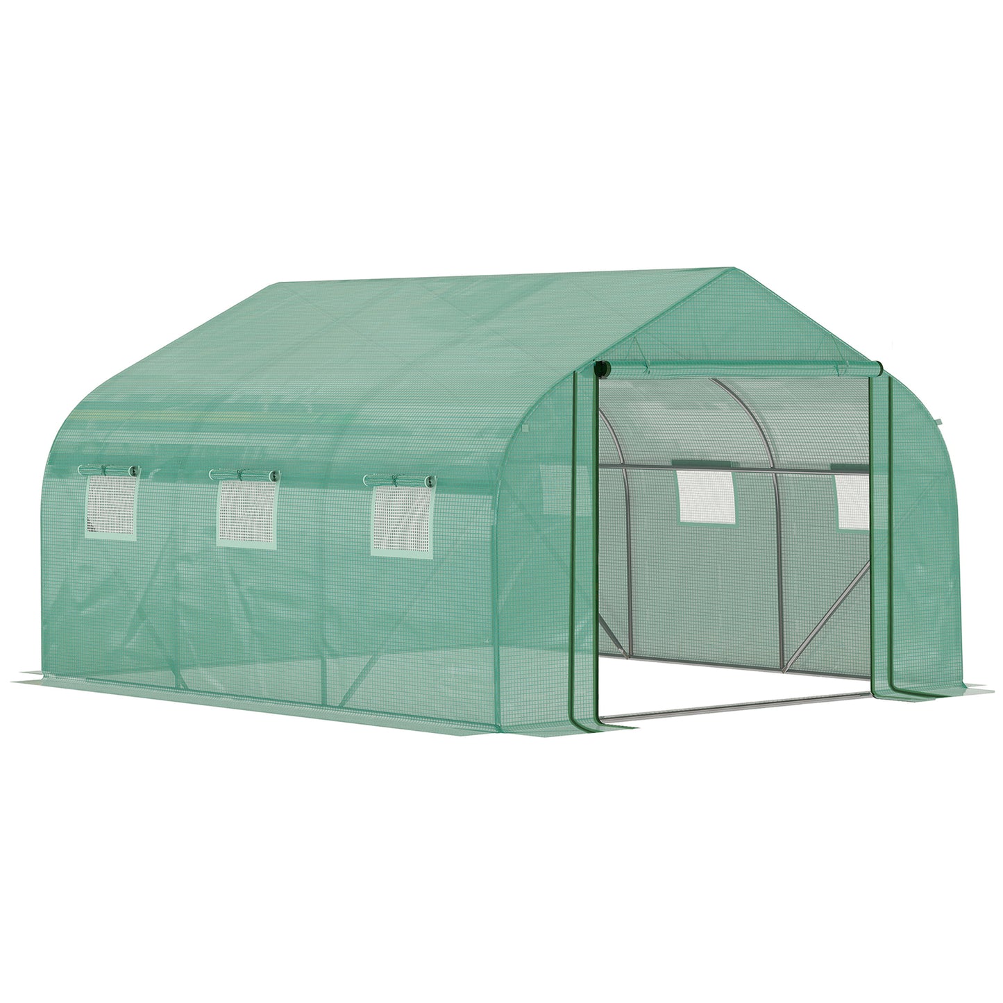 Photo of Outsunny Walk-in Polytunnel Garden Greenhouse, Outdoor Mesh Door Greenhouse with PE Cover and 6 Windows, 3.5 x 3 x 2m, Green in Green colour on a white background