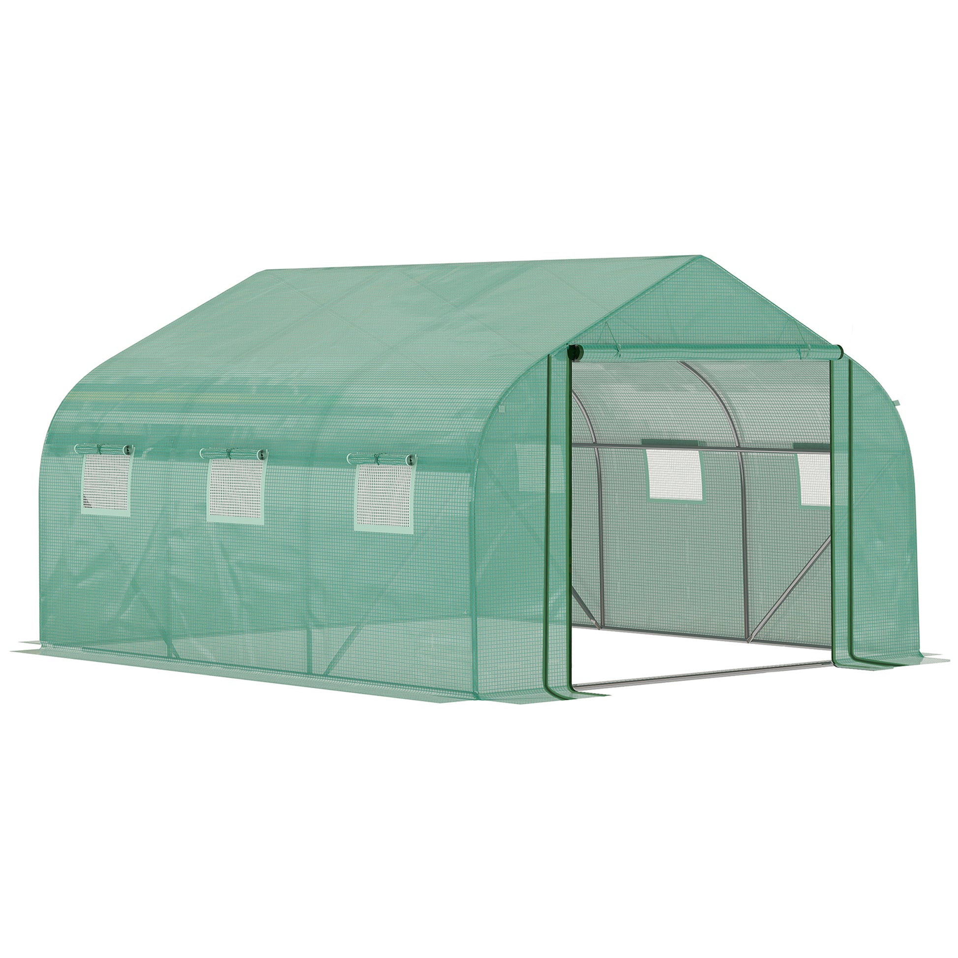 Photo of Outsunny Walk-in Polytunnel Garden Greenhouse, Outdoor Mesh Door Greenhouse with PE Cover and 6 Windows, 3.5 x 3 x 2m, Green in Green colour on a white background