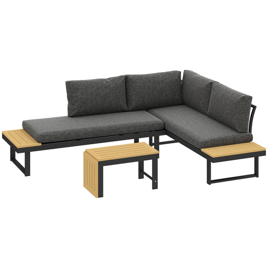 Photo of Outsunny 4 Seater L Shaped Aluminium Sectional Garden Furniture Set with 2 Loveseats and Wood-Plastic Coffee Table - Natural Wood in Wood colour on a white background