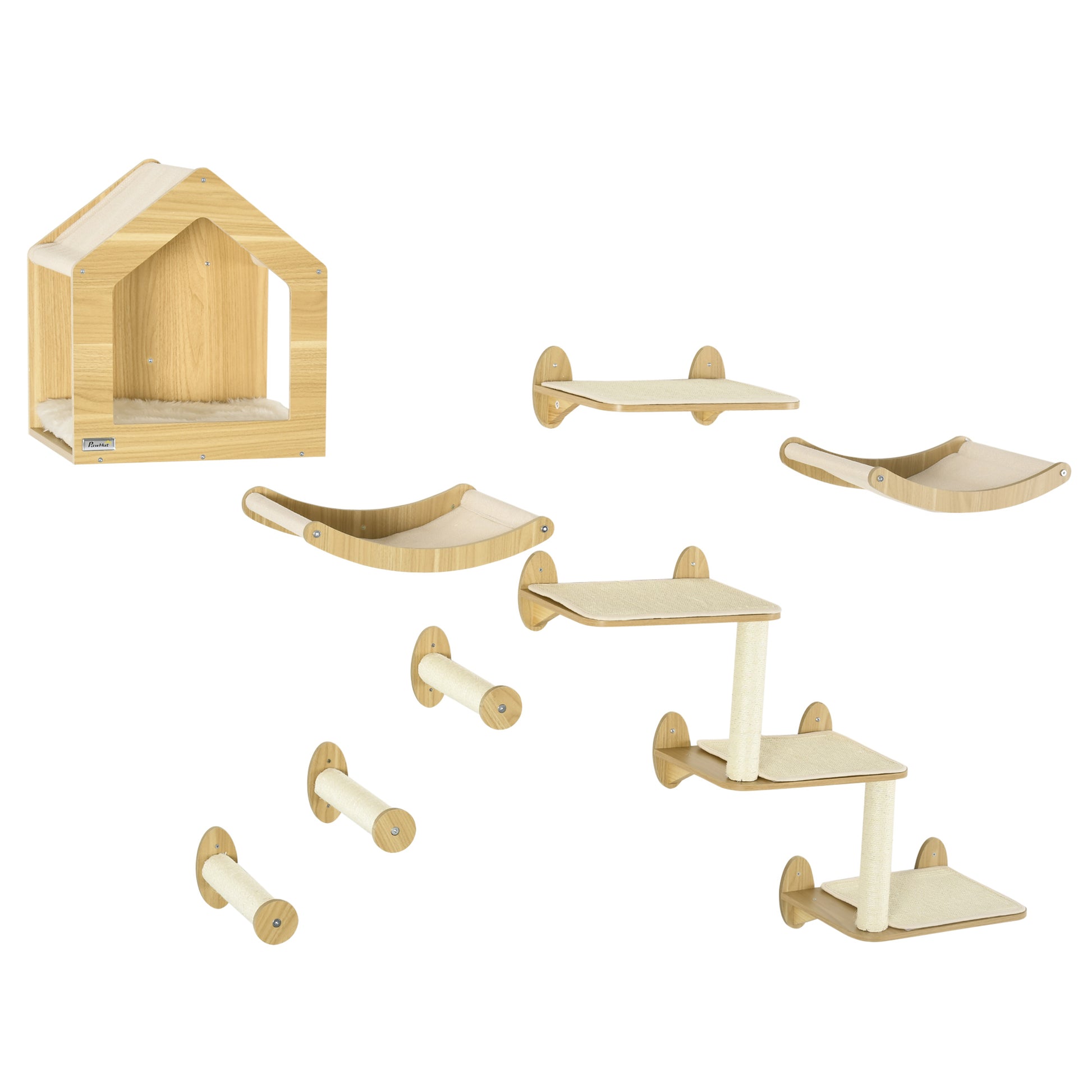 Photo of PawHut 8 Piece Cat Shelves Set, with Cat House, Three Perches, Three Scratching Posts in Posts colour on a white background