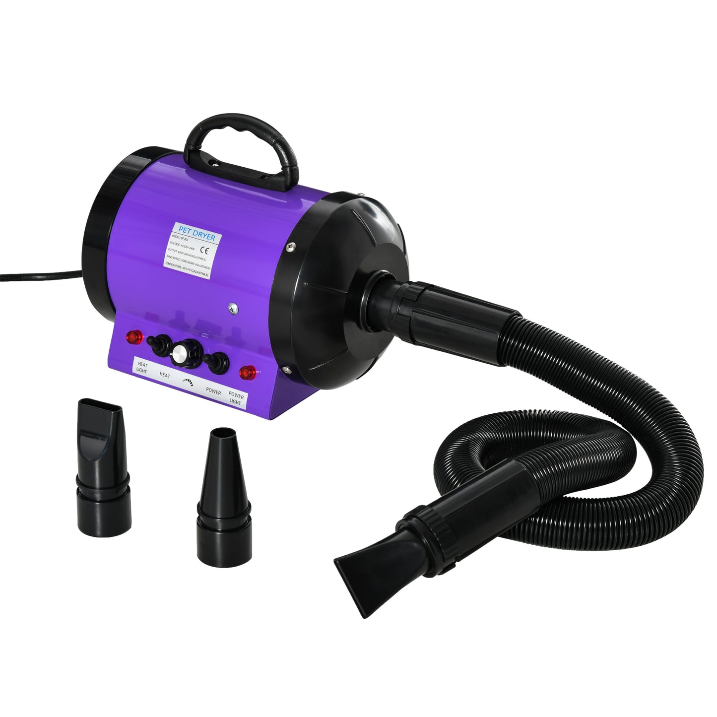 Photo of PawHut Dog Hair Dryer Pet Grooming Blaster Dryer Blower Adjustable Temperature Speed with 2.1M Flexible Hose 3 Nozzles - Purple in Purple colour on a white background