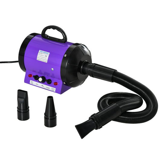 Photo of PawHut Dog Hair Dryer Pet Grooming Blaster Dryer Blower Adjustable Temperature Speed with 2.1M Flexible Hose 3 Nozzles - Purple in Purple colour on a white background