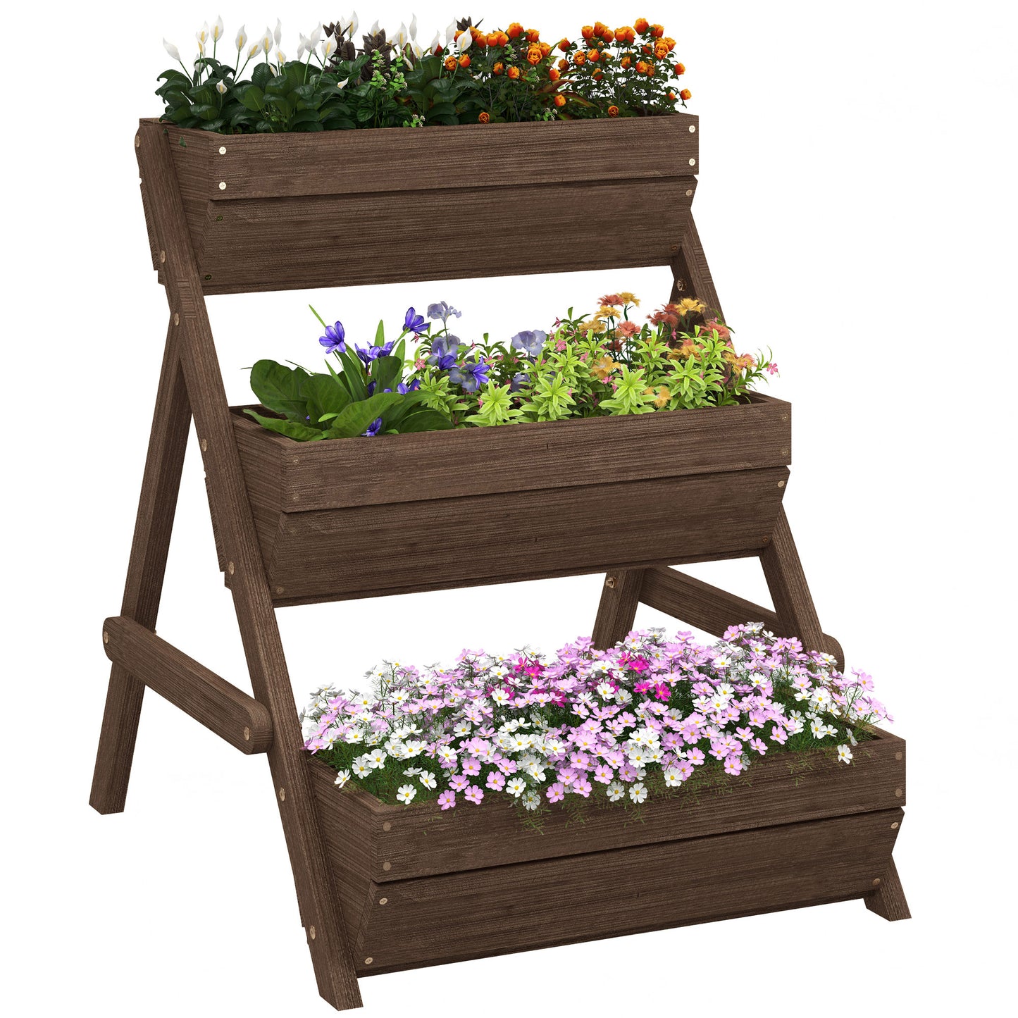Photo of Outsunny 3 Tier Raised Garden Bed Wooden Elevated Planter Box Kit, 66L for Flower, Vegetable, Herb, 65x75x78cm, Tan in Tan colour on a white background