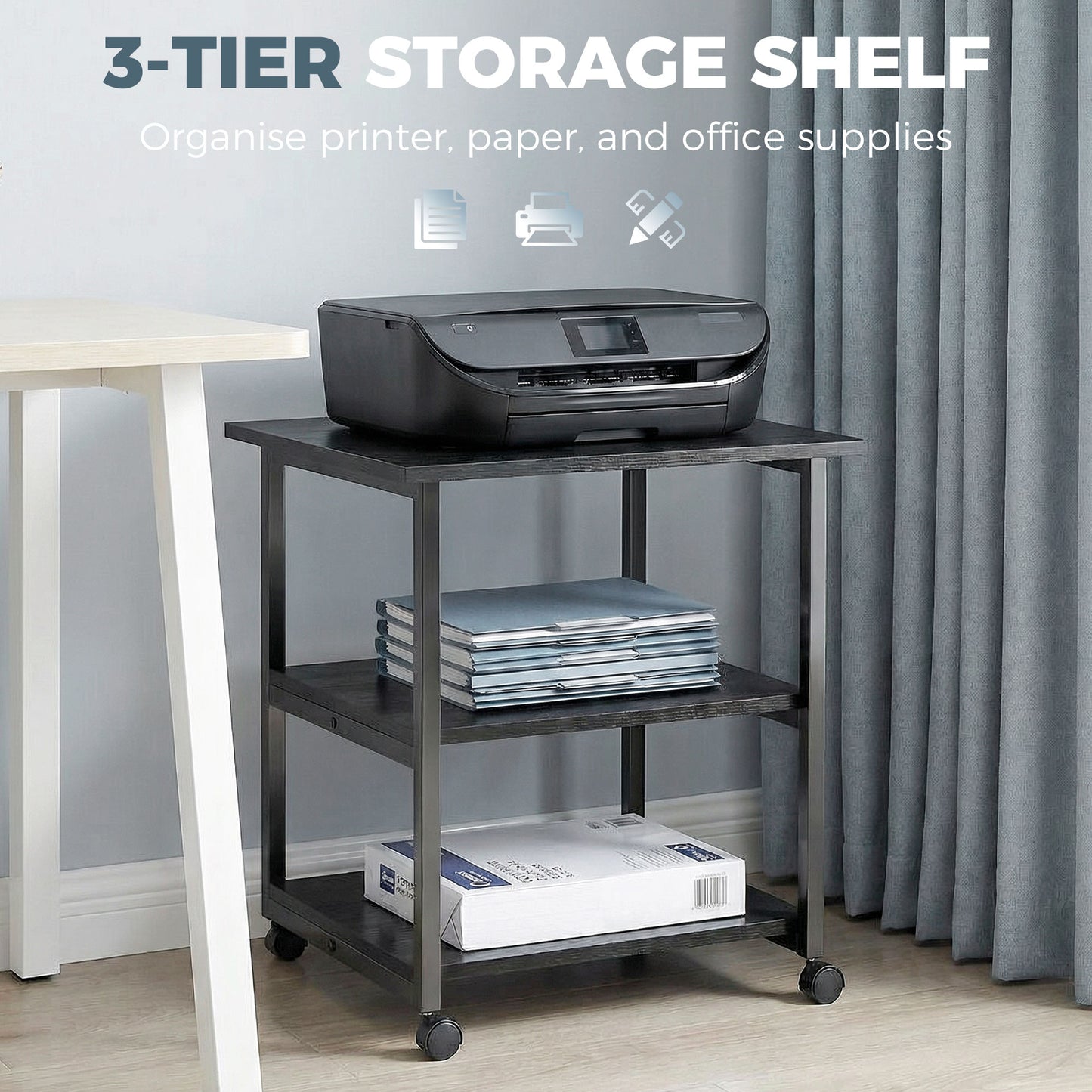 HOMCOM Three-Tier Steel Printer Stand, with Wheels - Black