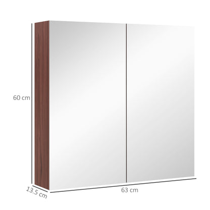 Wall-mounted double-door mirror cabinet in dark wood, shown with dimensions of 63 by 60 cm.