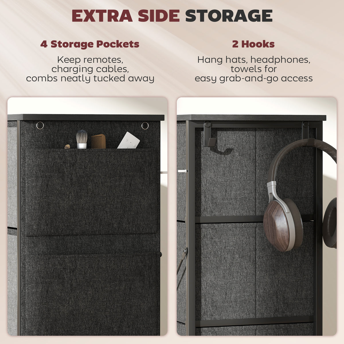 HOMCOM Chest of Drawers, Dresser with 5 Fabric Drawers, Tall Storage Unit with 4 Pockets and 2 Hooks Steel Frame, Charcoal Grey