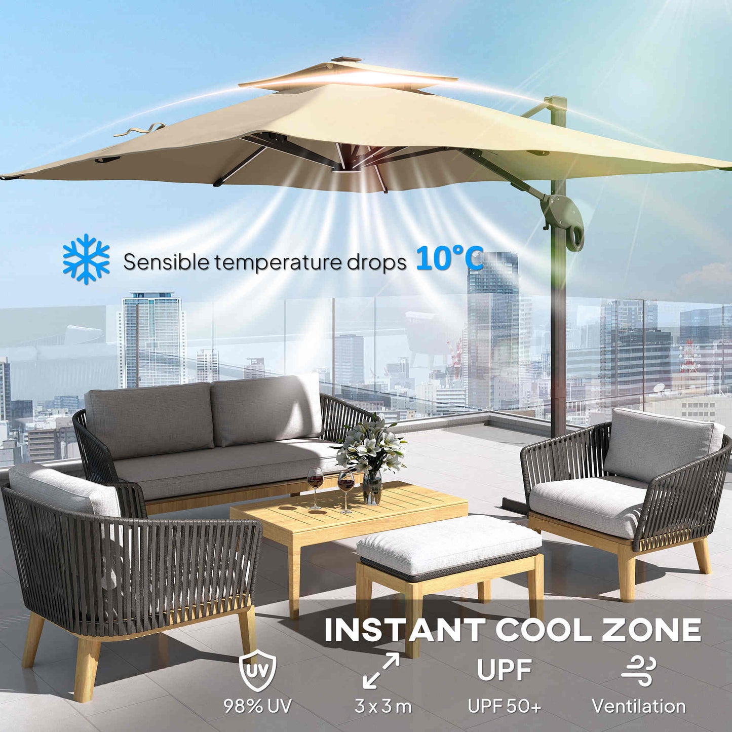 Outsunny 3 x 3(m) Aluminium Sun Square Canopy Top with Adjustable Pole Angle, Khaki