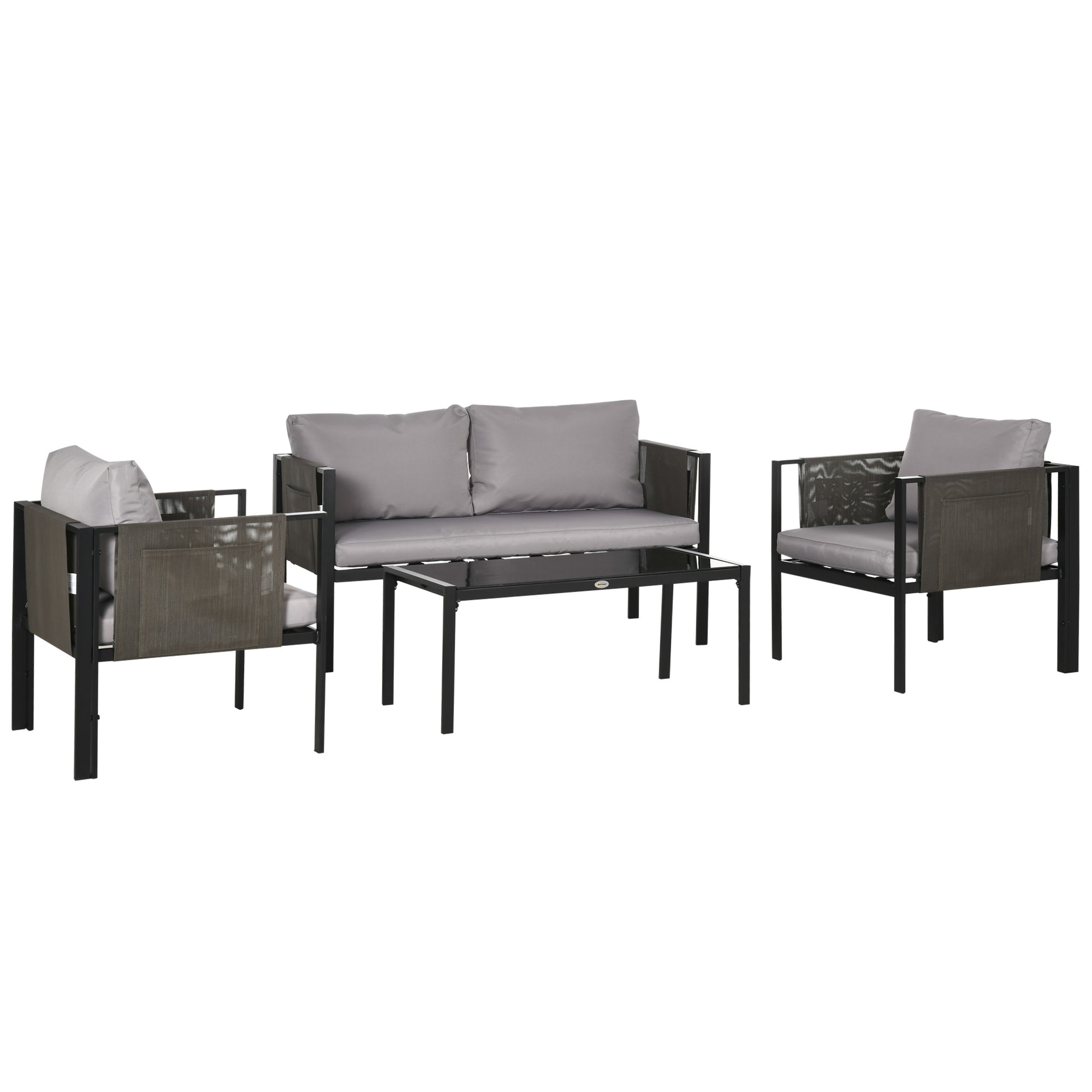 Photo of Outsunny 4 Piece Metal Garden Furniture Set with Tempered Glass Coffee Table, Texteline Pocket, Outdoor Set Loveseat Single Armchairs with Padded Cushions, Light Grey in Grey colour on a white background