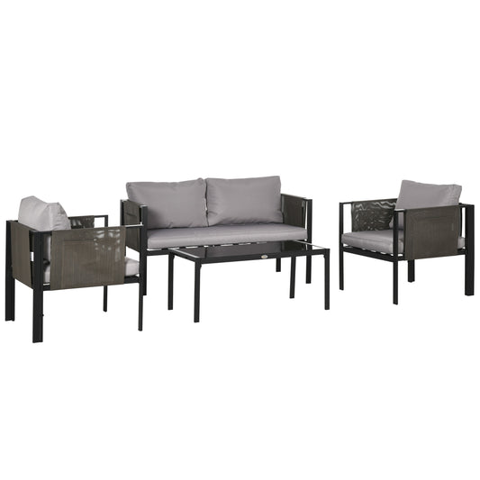 Photo of Outsunny 4 Piece Metal Garden Furniture Set with Tempered Glass Coffee Table, Texteline Pocket, Outdoor Set Loveseat Single Armchairs with Padded Cushions, Light Grey in Grey colour on a white background