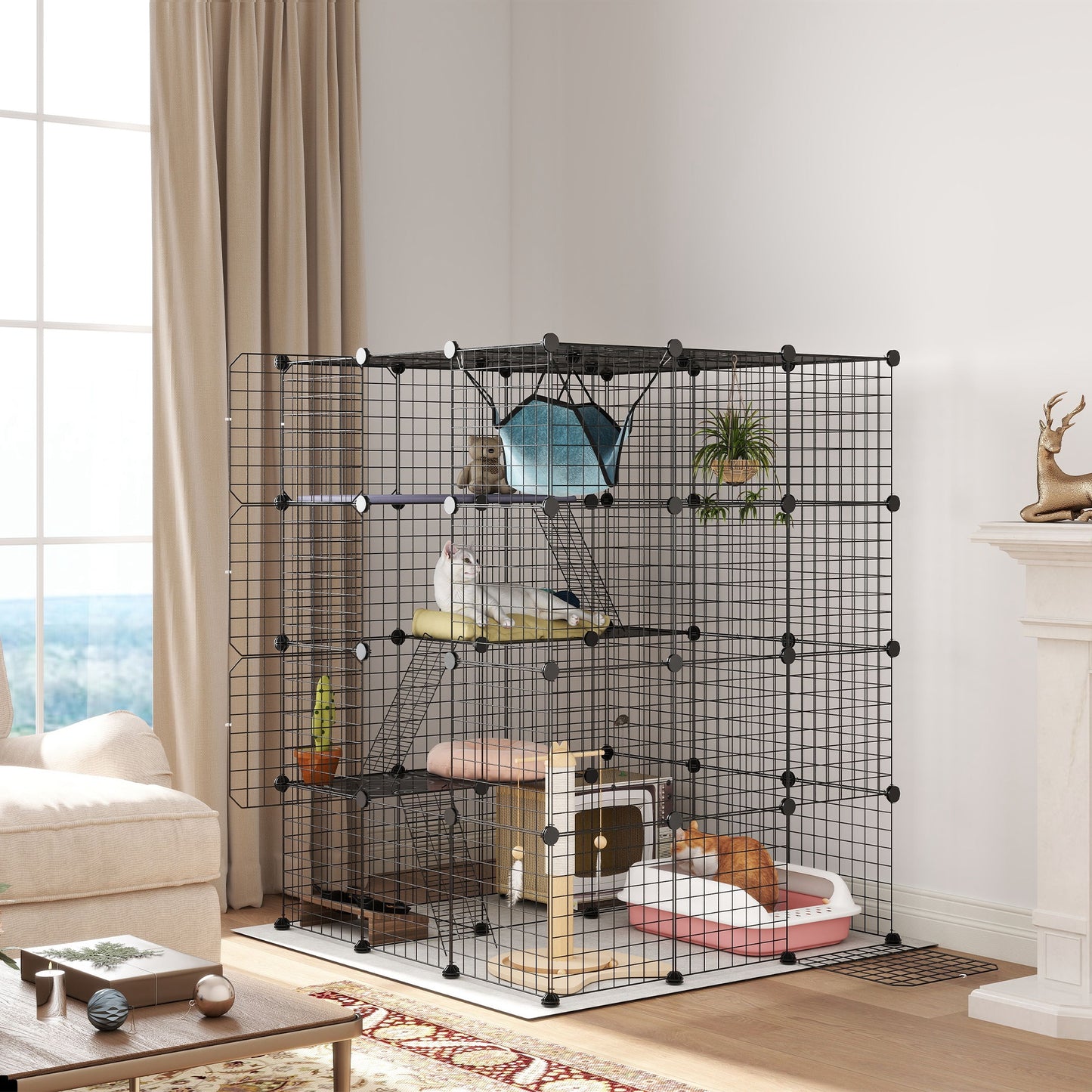 Photo of PawHut Steel Wire Cat Cage Indoor with Hammock, Ramps, Doors, DIY Cat Enclosure for 1-3 Cats, Black in Black colour on a white background