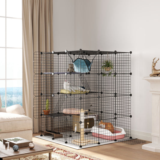 Photo of PawHut Steel Wire Cat Cage Indoor with Hammock, Ramps, Doors, DIY Cat Enclosure for 1-3 Cats, Black in Black colour on a white background